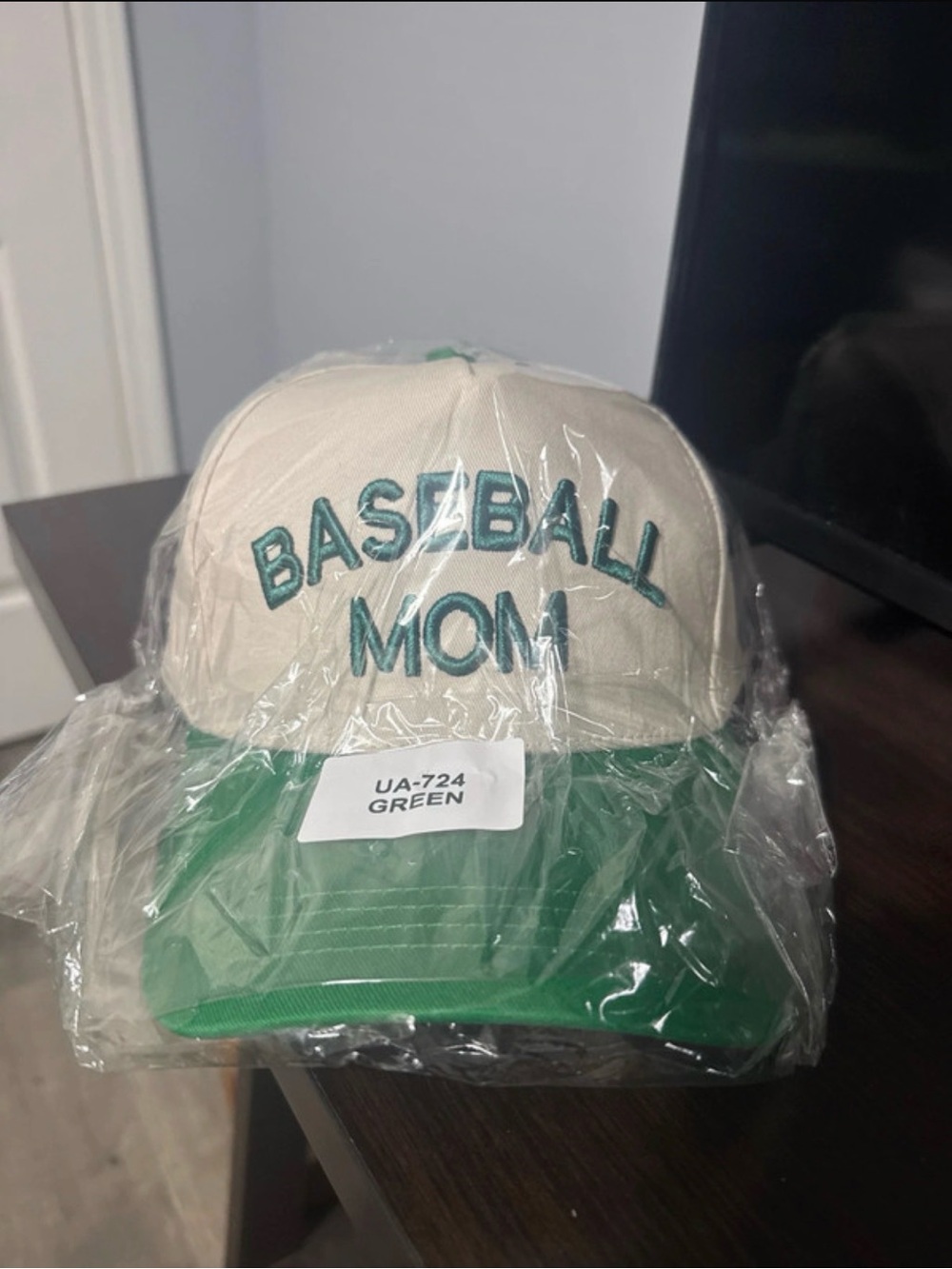 Baseball Mom Trucker Hat in Cream with Green Brim